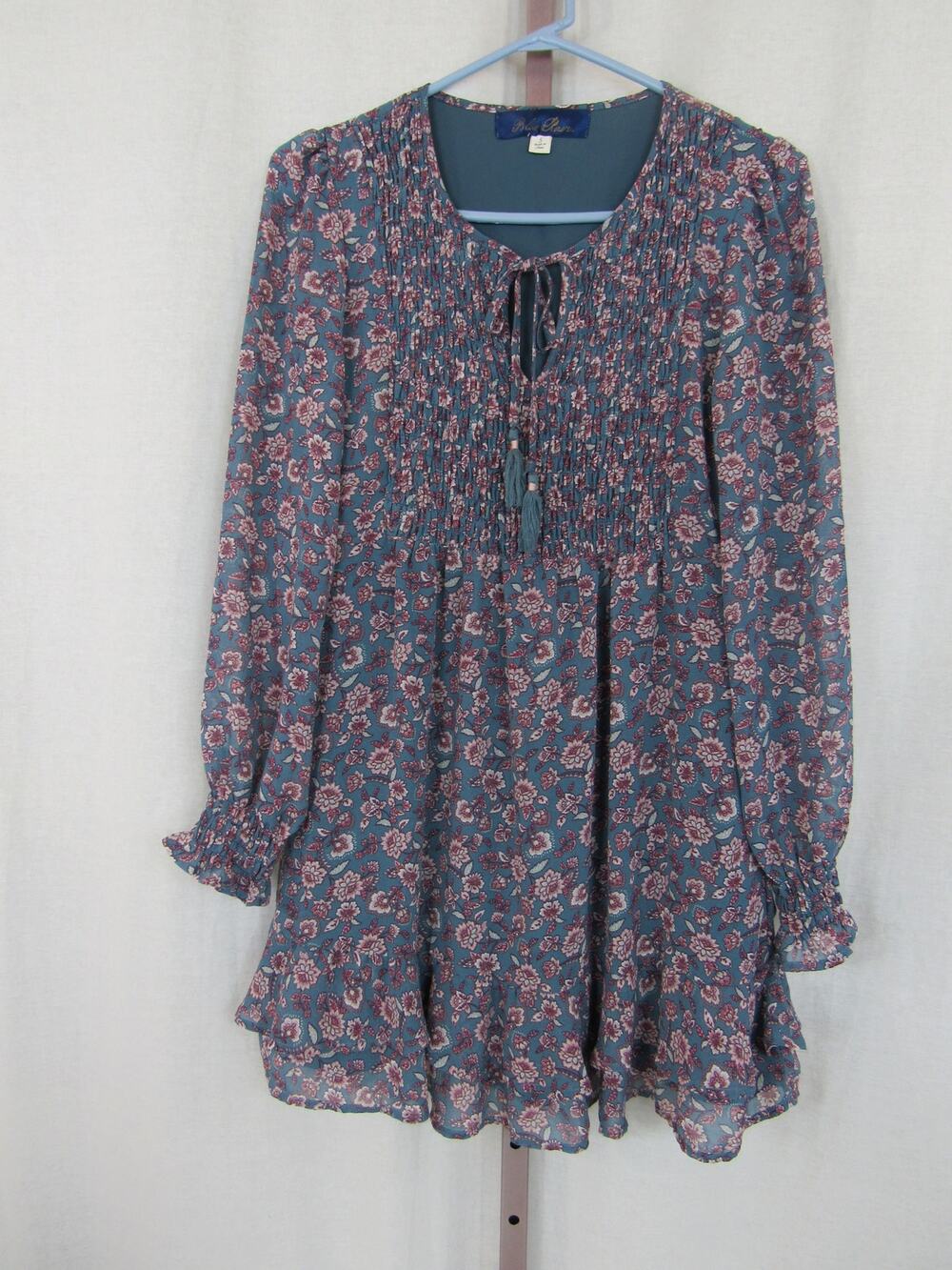 Blue Rain Small Dark Teal Pink Floral Smocked Ruffle Long Sleeve Dress Mini